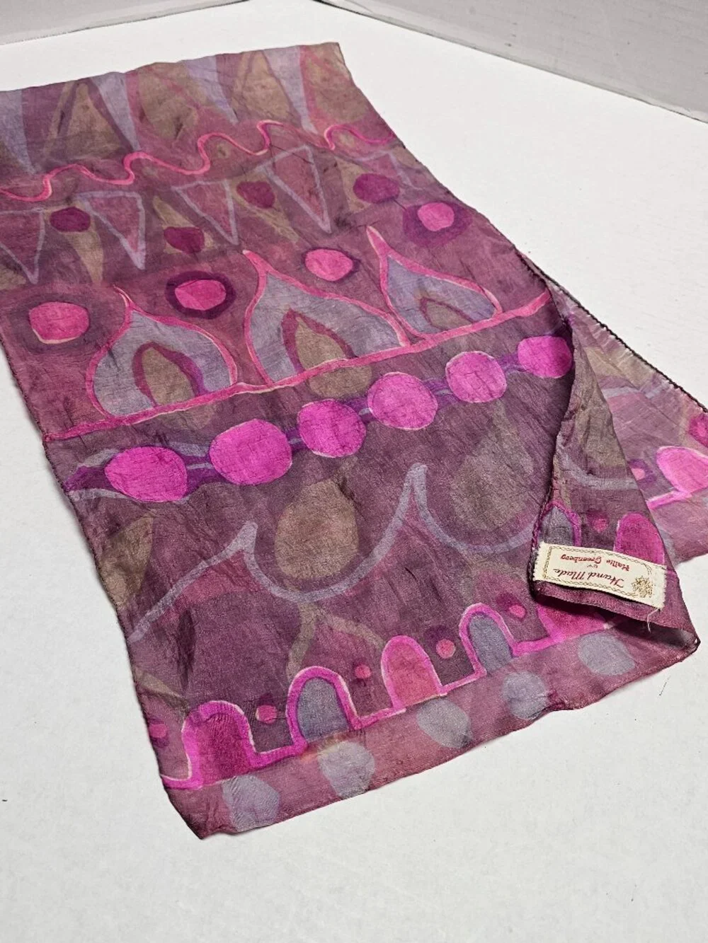 Womens Hand Made Hallie Greenbery Silk Batik Dye Scarf Purples Magenta Vibrant